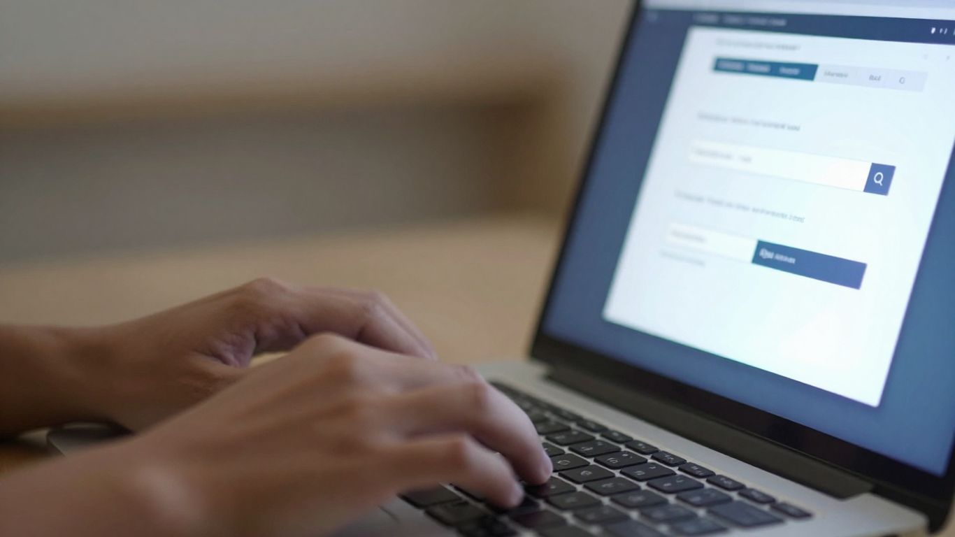 Hands typing on a laptop keyboard with a login screen.