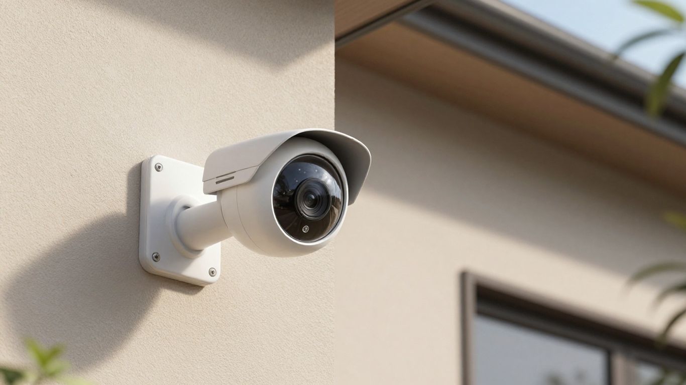 Modern security camera monitoring a home exterior.