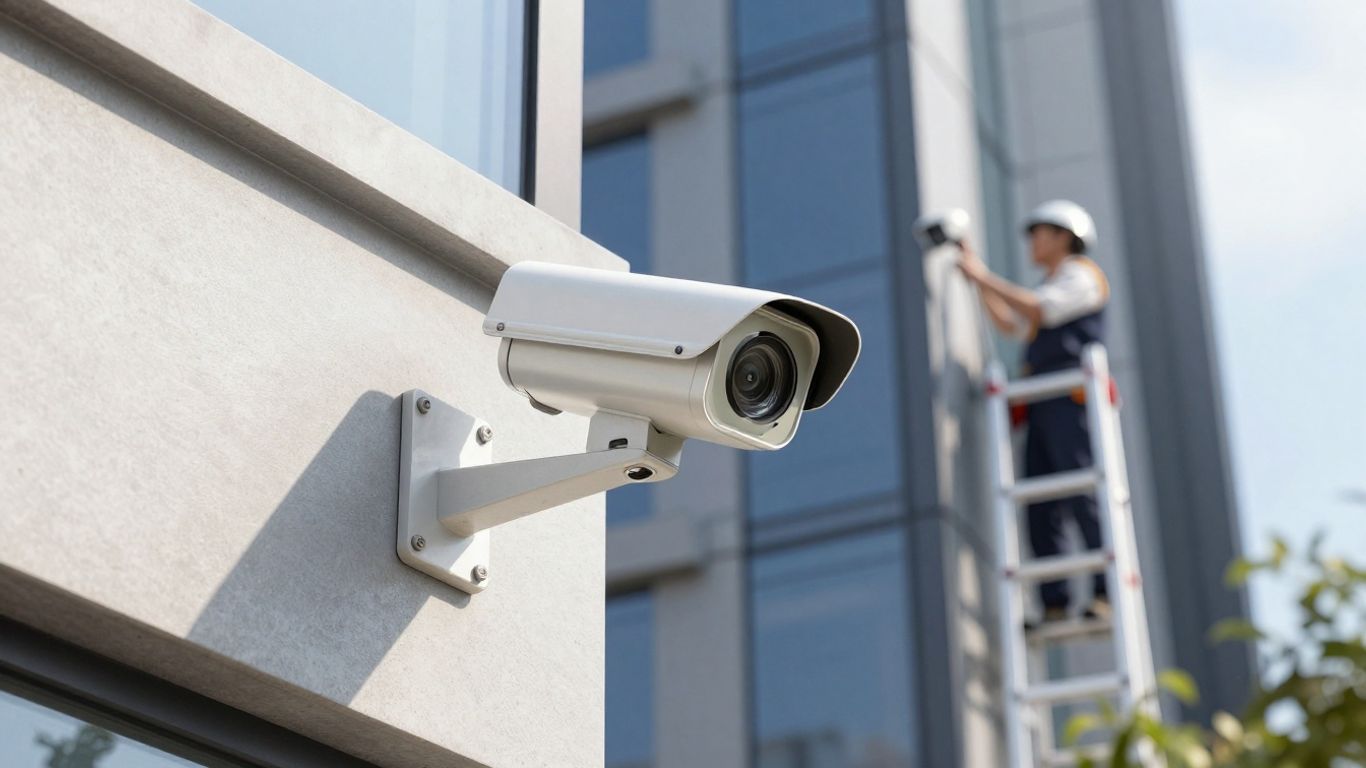 Business security camera installation on building exterior.