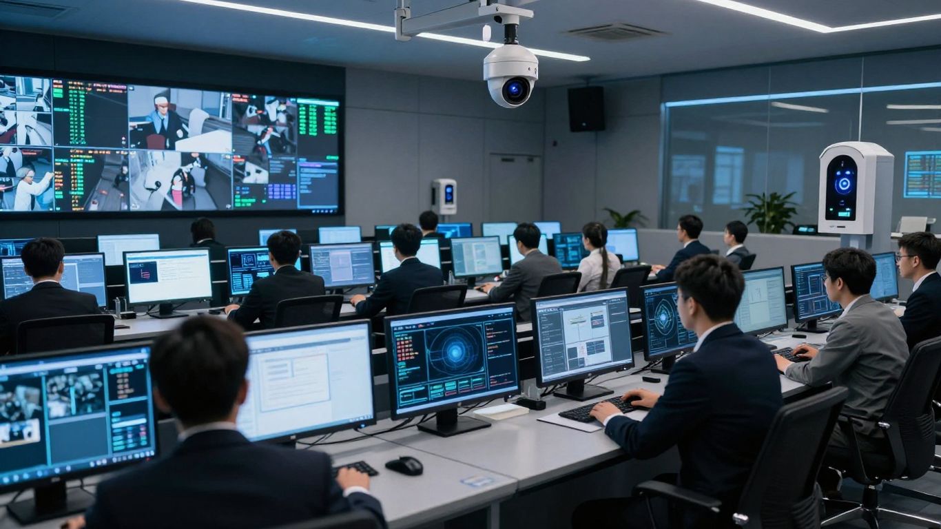 Modern security control room with advanced surveillance technology.