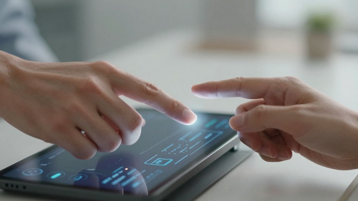 Hands interacting with a digital portal interface.