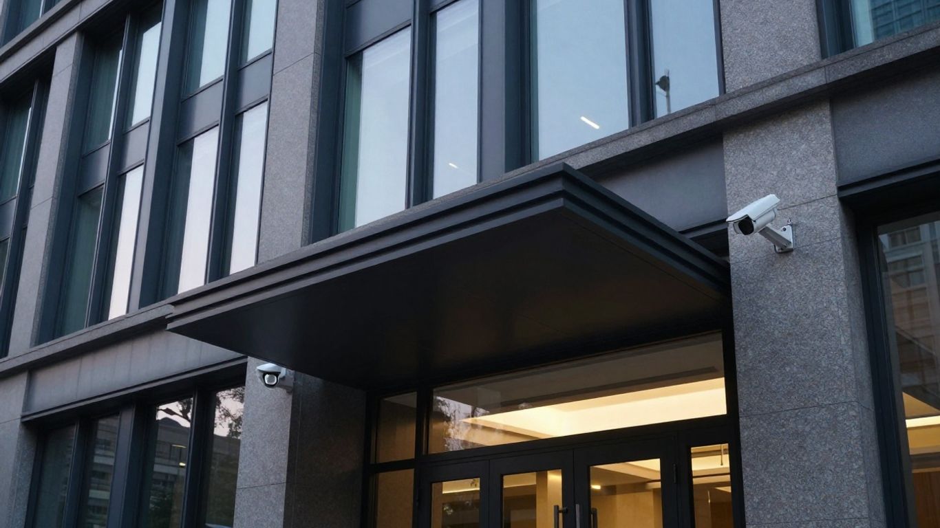 Modern office building with security camera at dusk.